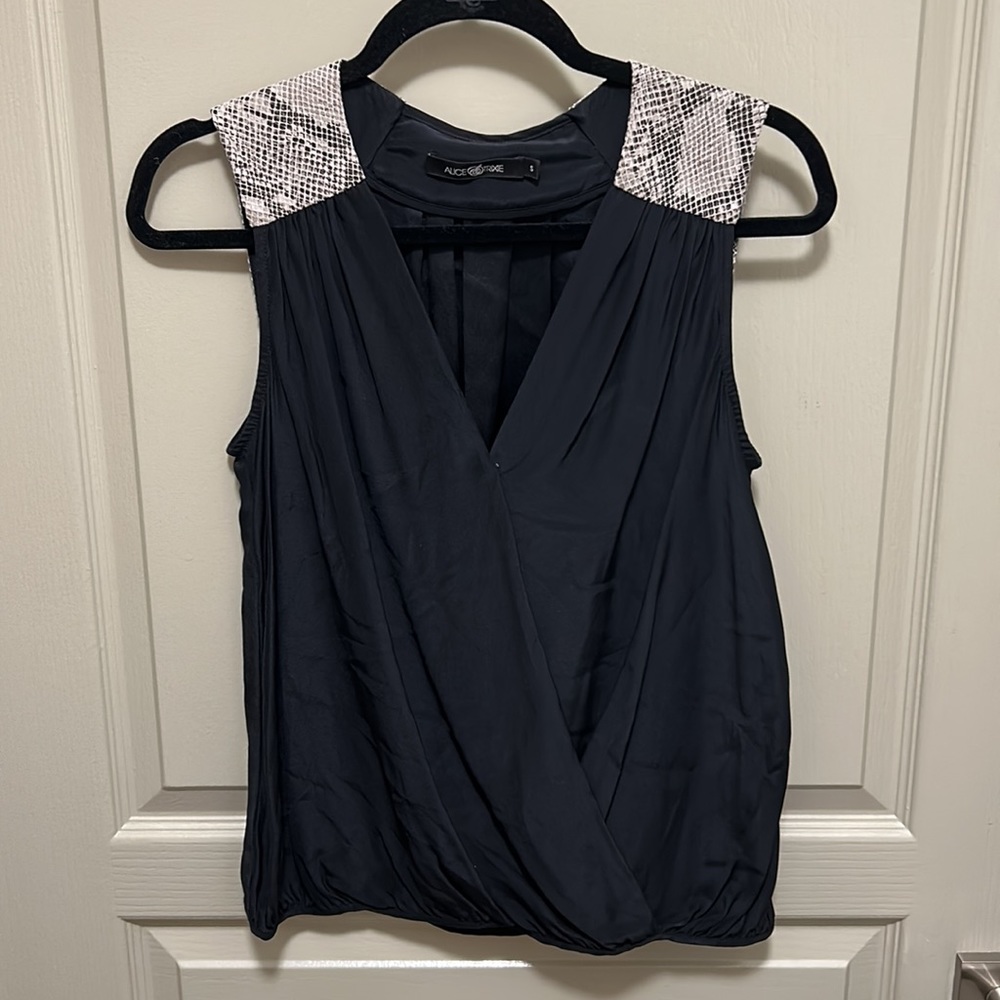 Alice & Trixie Black 100% Silk Wrap Blouse with Leather Shoulders